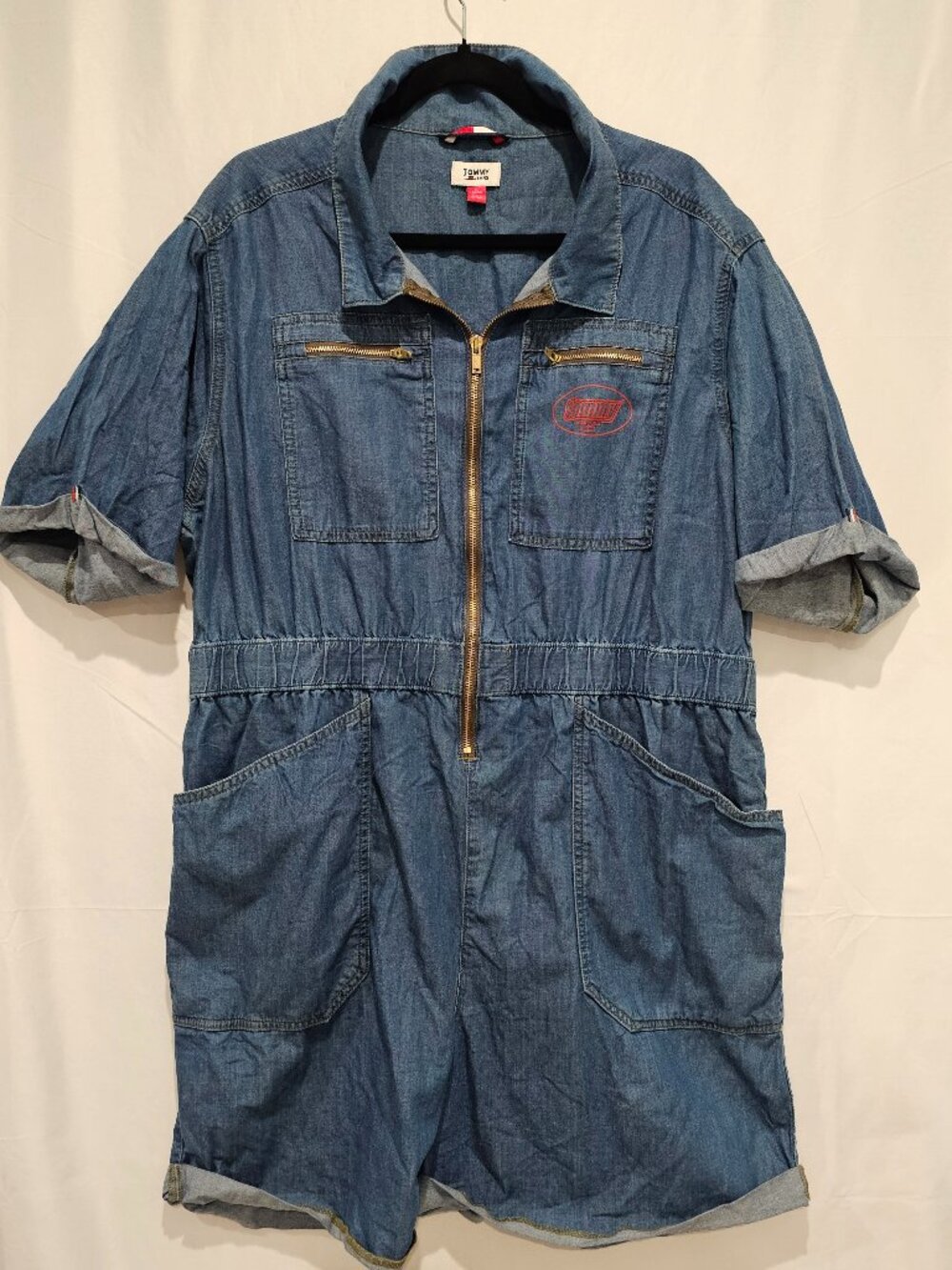 Vintage 90s Tommy Hilfiger Denim Romper Women's XL Blue Short Sleeve Jumpsuit